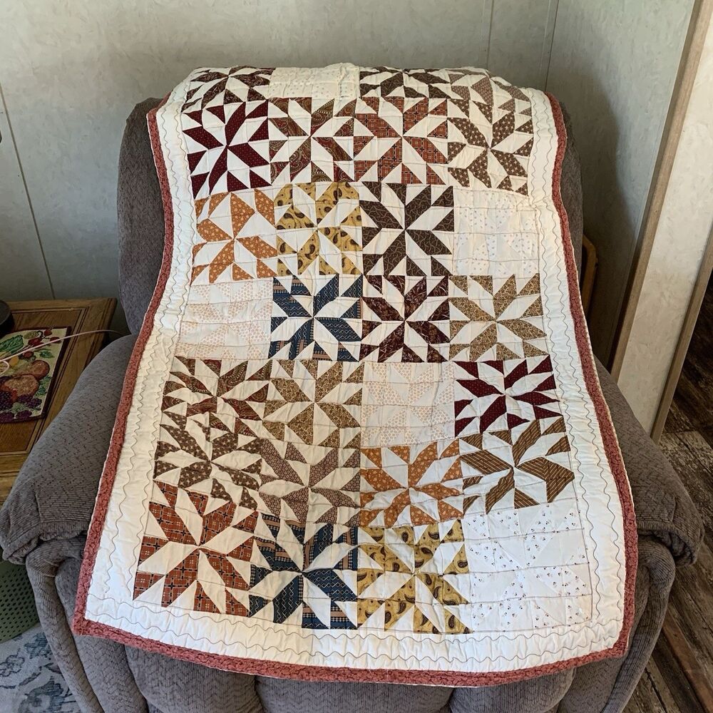 Handmade Throw Patchwork Star Lap Quilt, Multicolor Reversible Quilted 34" x 52"